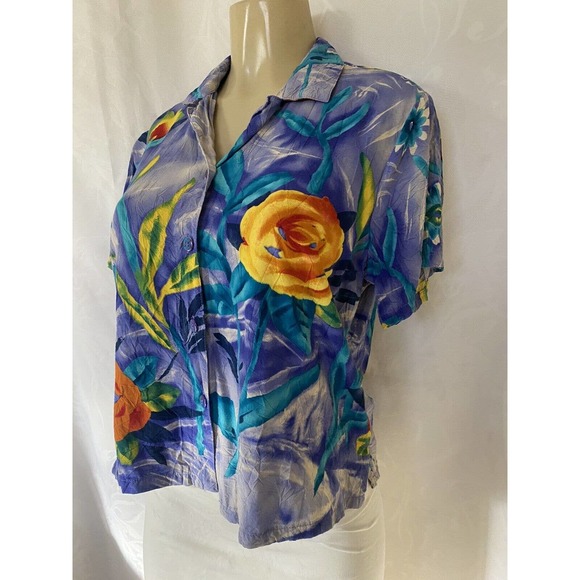 Jams World Button Down Shirt Top Blouse Short Sleeve W624 Velvet Rose Fl… - Picture 2 of 4